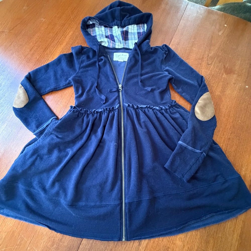 Evy's Tree The Sophie Navy Ruffle Peplum Zip Up Hoodie Elbow Patches XS CUTE!!